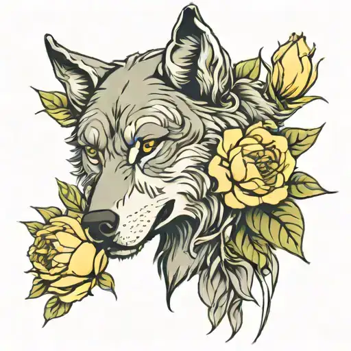 Wolf head and Peony Flower mixed tattoo design idea