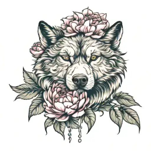 Wolf head and Peony Flower mixed tattoo design idea