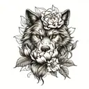 Wolf head and Peony Flower growing tattoo design idea