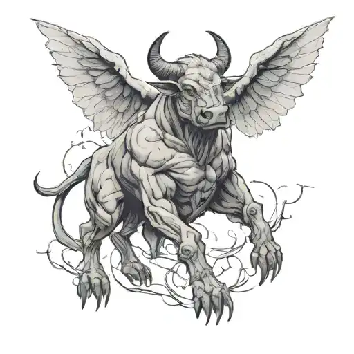 humanoid bull, winged, zombie, standing tattoo design idea