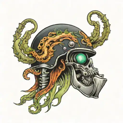 necrotic squid eating motorcycle helmet tattoo design idea