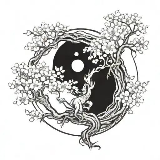 cherry blossom tree with moon and dragon tattoo design idea