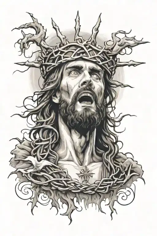 Dark storm clouds, with Jesus wearing a crown of thorns on his head and fire coming out of his eyes tattoo design idea