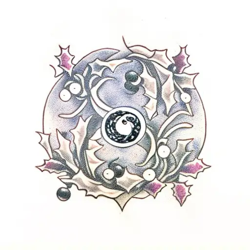 Ying Yang with Long Axe versus a bough of holly with three berries tattoo design idea