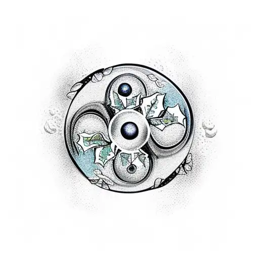 Ying Yang with Long Axe versus a bough of holly with three berries tattoo design idea