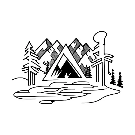A minimalist tattoo of a campfire surrounded by trees and mountains, reflecting the client's love for camping and nature tattoo design idea