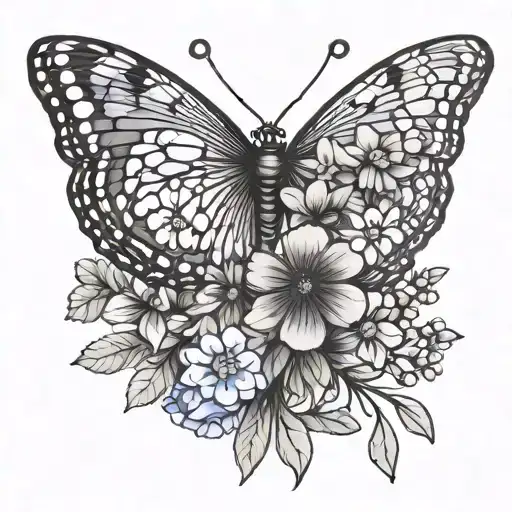 A minimalist blackwork tattoo of a Myosotis flower and butterfly symbolizing happiness and freedom tattoo design idea