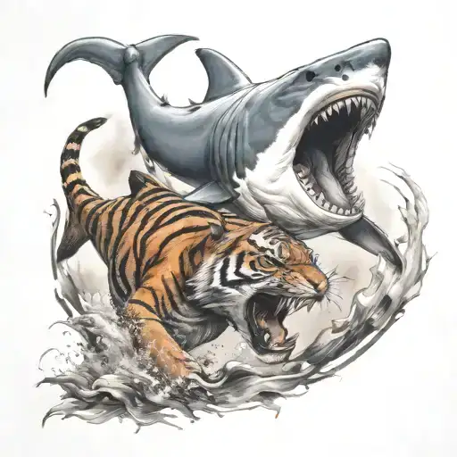 A tattoo design of a shark and tiger facing off in a fierce battle, symbolizing strength and power tattoo design idea