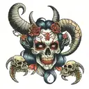 beautiful succubus with long horns, licking a skull surrounded by bones tattoo design idea
