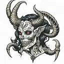 beautiful succubus with long horns, licking a skull surrounded by bones tattoo design idea
