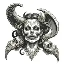 beautiful succubus with long horns, licking a skull surrounded by bones tattoo design idea