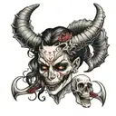beautiful succubus with long horns, licking a skull surrounded by bones tattoo design idea