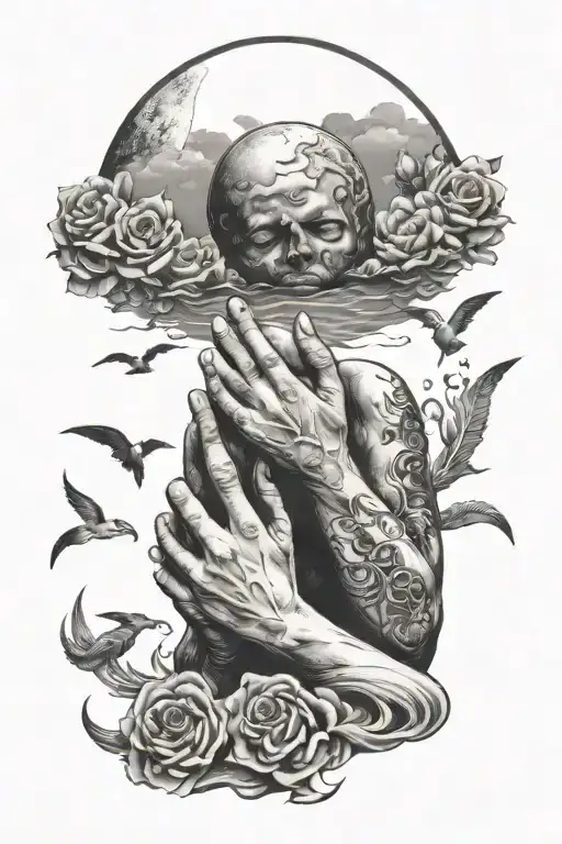Memorial for brother, moon, ocean, praying hands holding tattoo design idea