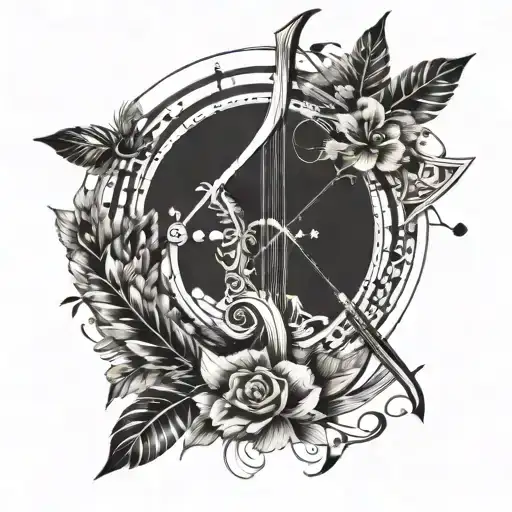 A tattoo of a bow and arrow with musical notes as feathers, embodying the adventurous spirit of Sagittarius and the freedom of music tattoo design idea