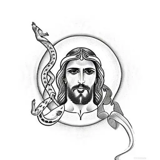 jesus with snakes and apples in garden of eden sunset tattoo design idea