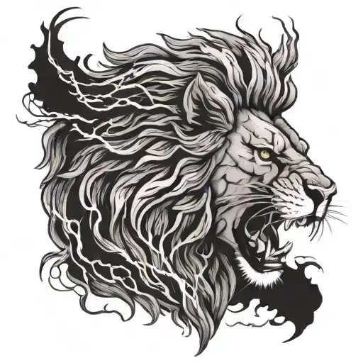 A lion roaring in the midst of a storm with lightning striking in the background tattoo design idea