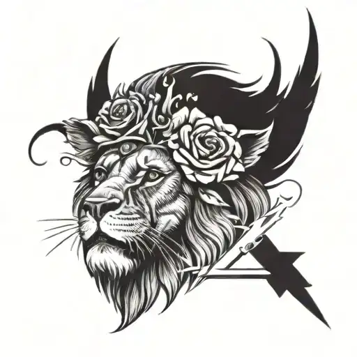 A lion wearing a crown made of roses and holding a lightning bolt tattoo design idea