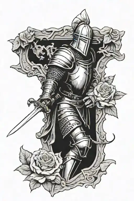english knight holding sword going vertical through a boulder and a rose and the botten tattoo design idea