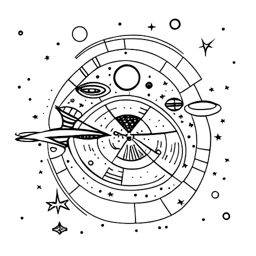 alien ship abducting woman surrounded by stars, very minimalist tattoo design idea