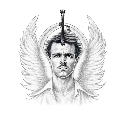 angel Gabriel blowing into trumpet tattoo design idea