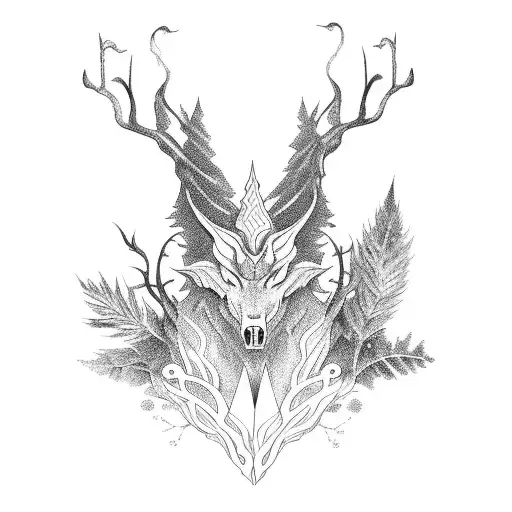 mythical creatures in a forest tattoo design idea