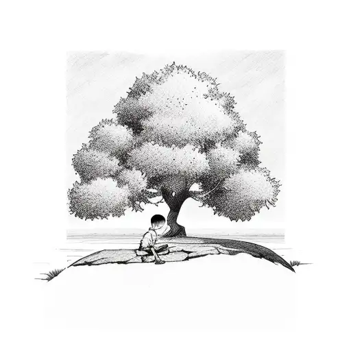 boy sitting under a tree with lake in the back  tattoo design idea