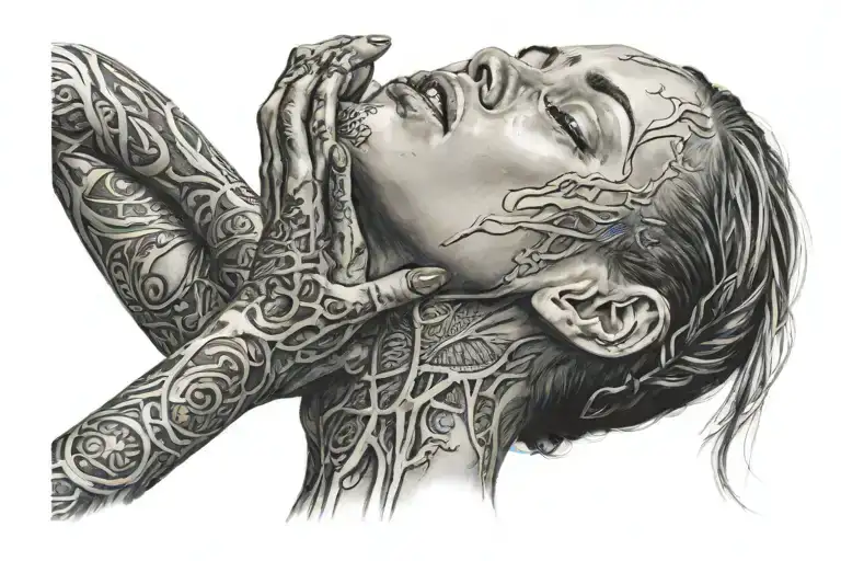   capture a moment of suffer and tears a clear dipiction of there is no beauty without pain ,woman head lieing down tattoo design idea