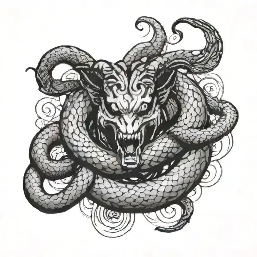 A trash polka style tattoo of a snake coiled around a Baphomet with a Greek Statue in the background tattoo design idea