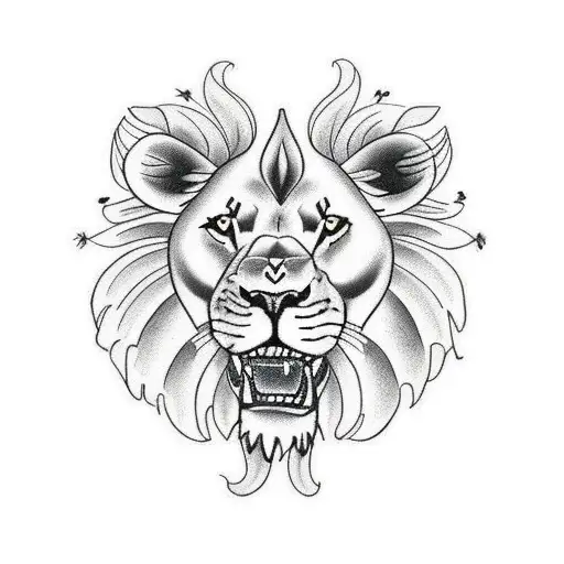 lion with lilies and dragonfly tattoo design idea