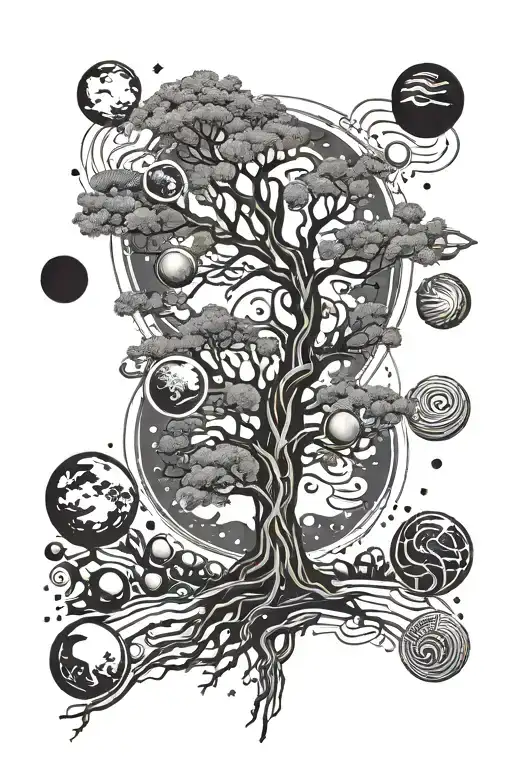 tree, planets, science themed tattoo featuring, dna tattoo design idea
