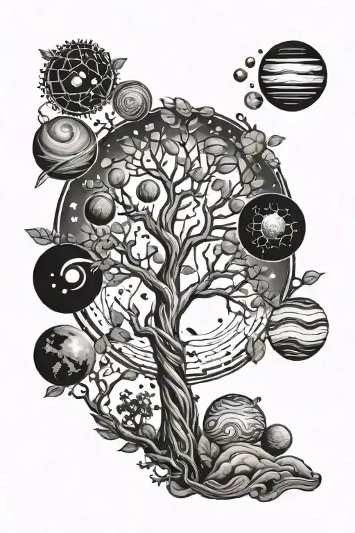 tree, planets, science themed tattoo featuring, dna tattoo design idea