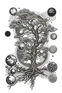 tree, planets, science themed tattoo featuring, dna tattoo design idea