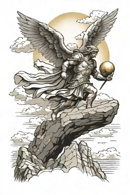 Saint Michael the Archangel pushing a boulder up a hill towards a cloudy sky with streaking sun rays.  tattoo design idea