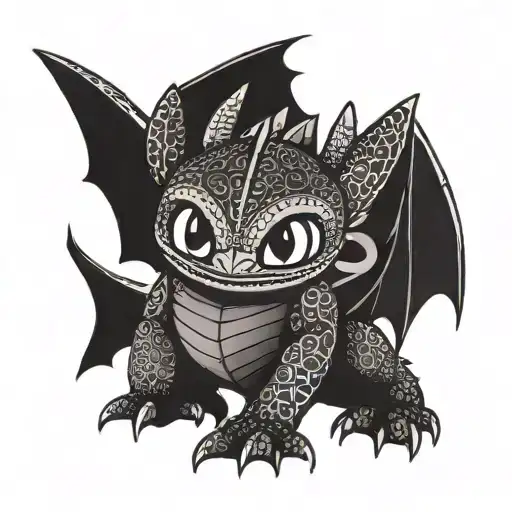 A tattoo of Toothless from 'How to Train Your Dragon' coding on a computer screen tattoo design idea