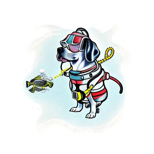 Dog wearing scuba diving gear exploring the ocean tattoo design idea