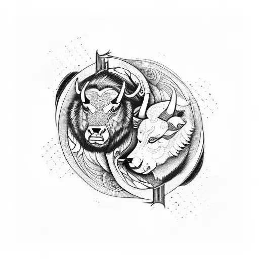 A bull and wolf intertwined in a yin and yang symbol with anime-style details tattoo design idea
