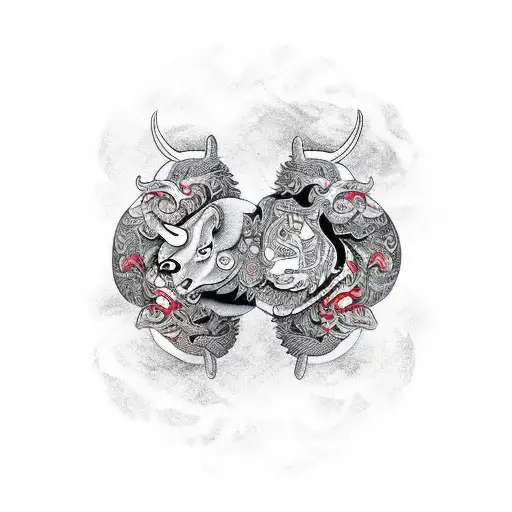 A bull and wolf intertwined in a yin and yang symbol with anime-style details tattoo design idea