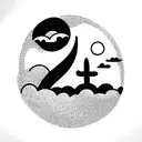 rain cloud with sun and crescent moon also fireflies tattoo design idea