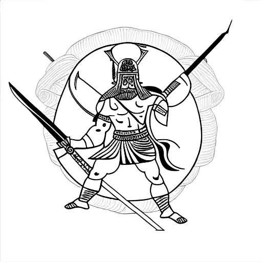 A minimalist tattoo of a Greek warrior holding a shield and spear, symbolizing honor and courage. tattoo design idea