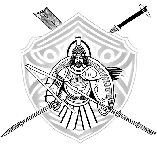 A minimalist tattoo of a Greek warrior holding a shield and spear, symbolizing honor and courage. tattoo design idea