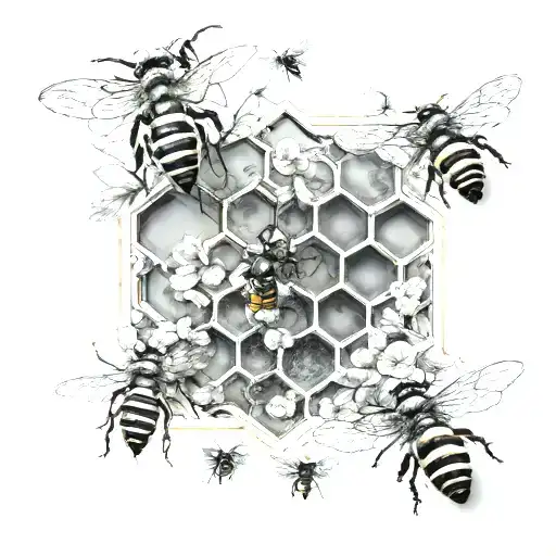 An elegant and realistic honeycomb pattern with bees buzzing around, set against a backdrop of famous travel destinations tattoo design idea