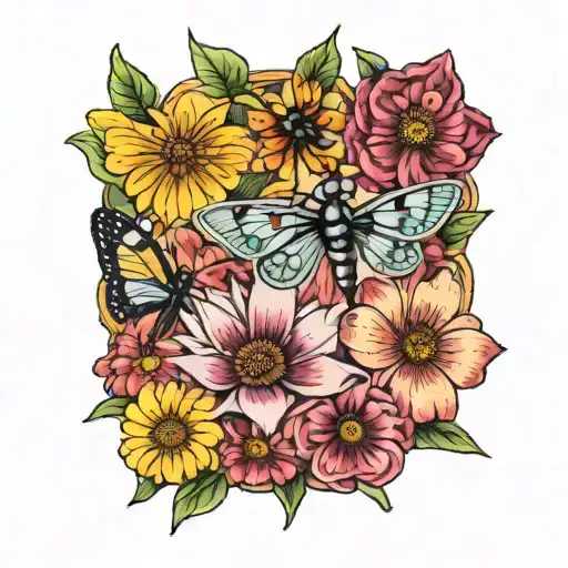 A tattoo design featuring each of your 5 children's names intertwined with vibrant cone flowers and dragonflies tattoo design idea