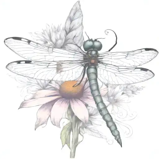 dragon fly sitting on a cone flower with kids names in the wings Zach, tieson, Nathaniel, Kris, Elyse tattoo design idea