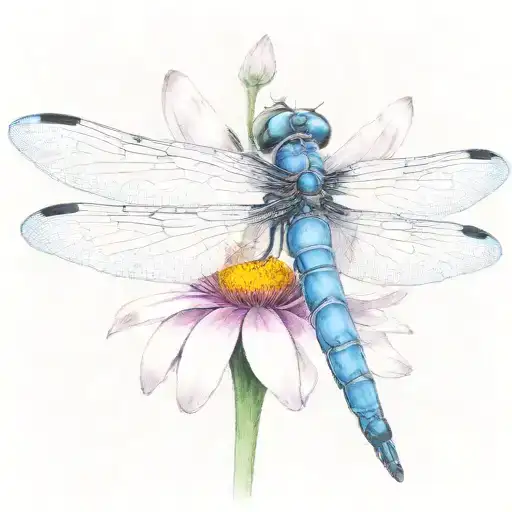 dragon fly sitting on a cone flower with kids names in the wings Zach, tieson, Nathaniel, Kris, Elyse tattoo design idea