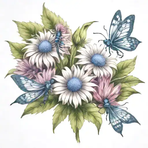 A realistic tattoo of a bouquet of cone flowers with 5 dragonflies hovering above them, representing your love for your children tattoo design idea