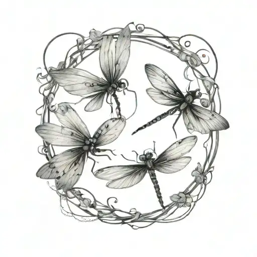 5 dragon flies flying in a circle  tattoo design idea
