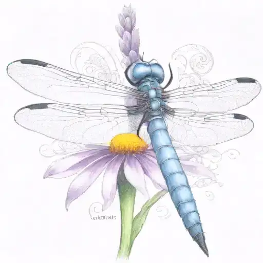dragon fly sitting on a cone flower with kids names in the wings Zach, tieson, Nathaniel, Kris, Elyse tattoo design idea