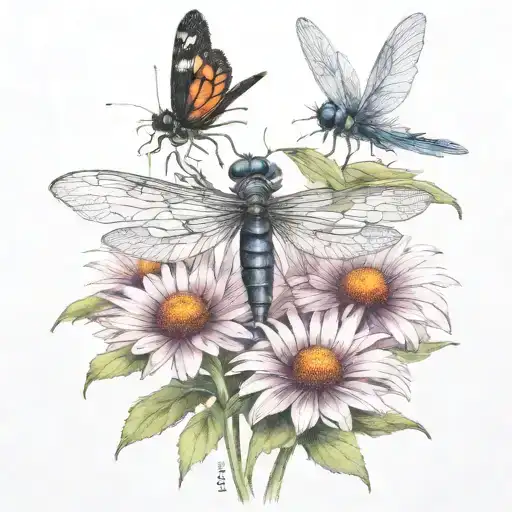 5 dragon flies flying over cone flowers  tattoo design idea