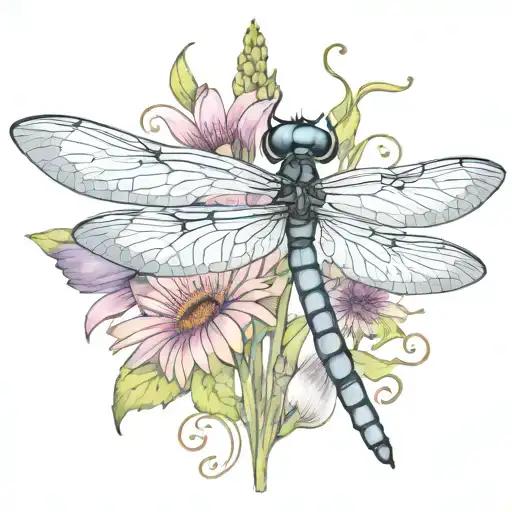 dragon fly sitting on a cone flower with kids names in the wings Zach, tieson, Nathaniel, Kris, Elyse tattoo design idea
