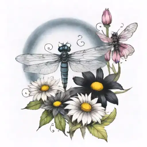 ColorInfused Black and Grey "5 Dragon Flies Flying Over Cone Flowers